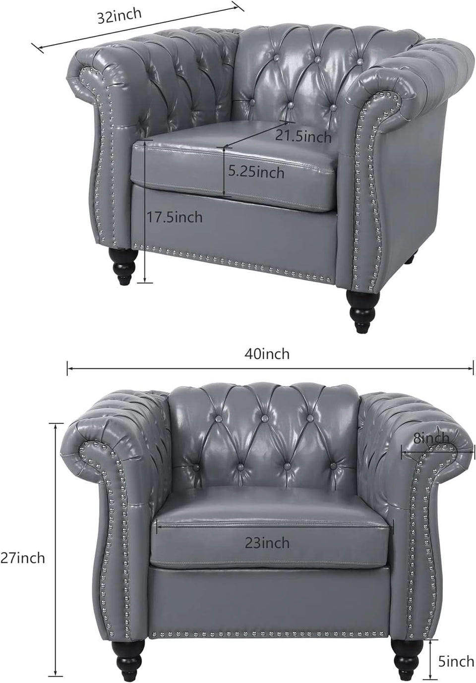 Grey Chesterfield Leather Living Room Set With Scroll Arms