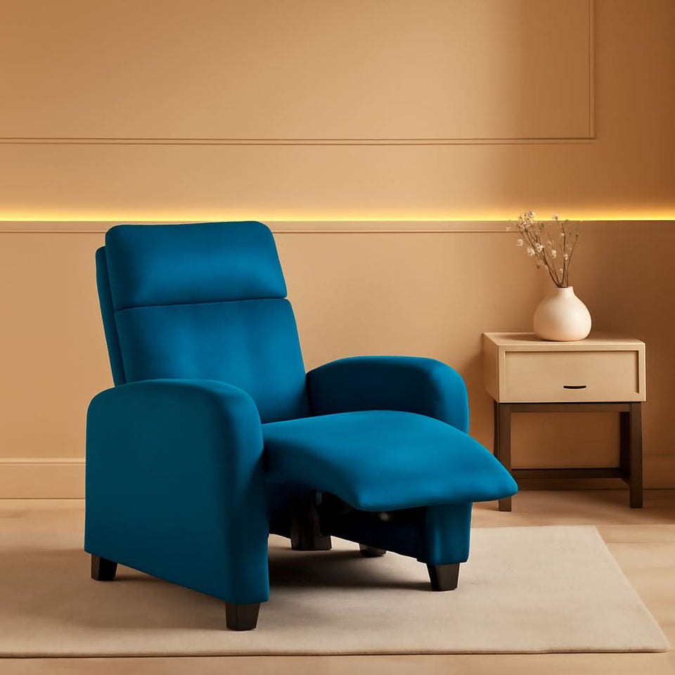 Blue Fabric Pushback Recliner Chair With Soft Armrests