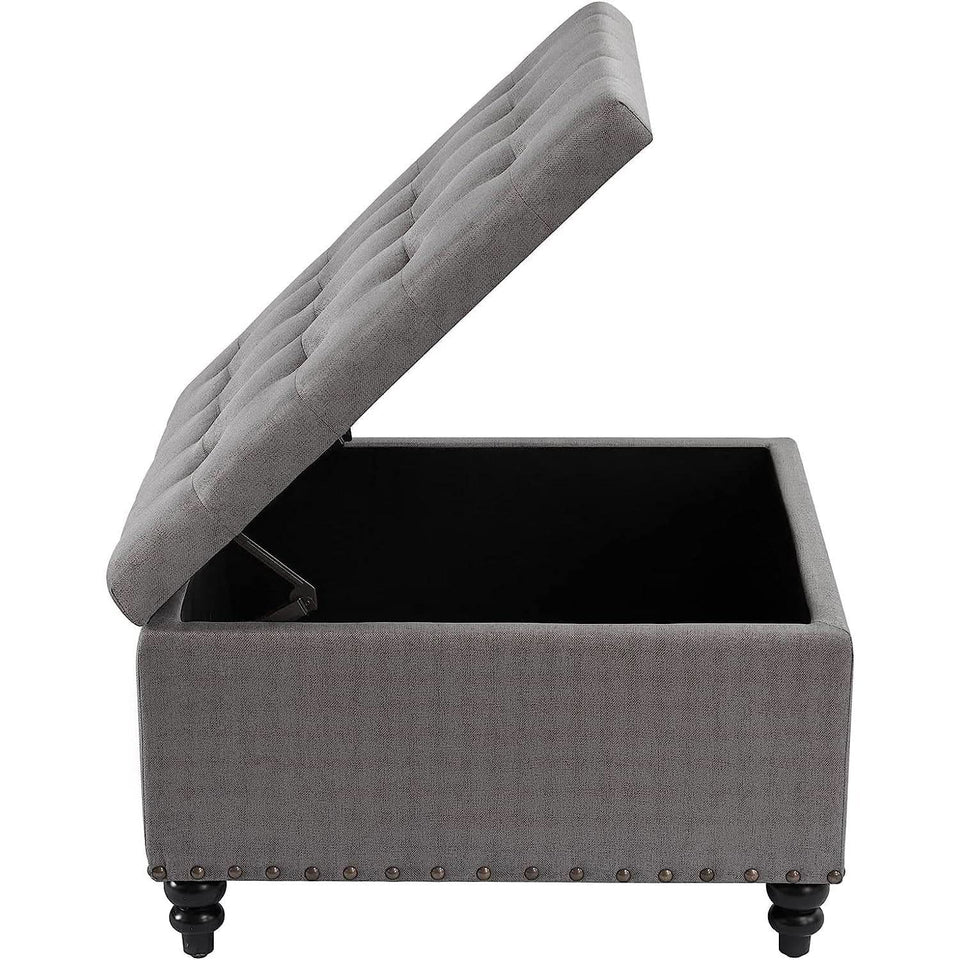 Grey Tufted Storage Ottoman Square For Living Room