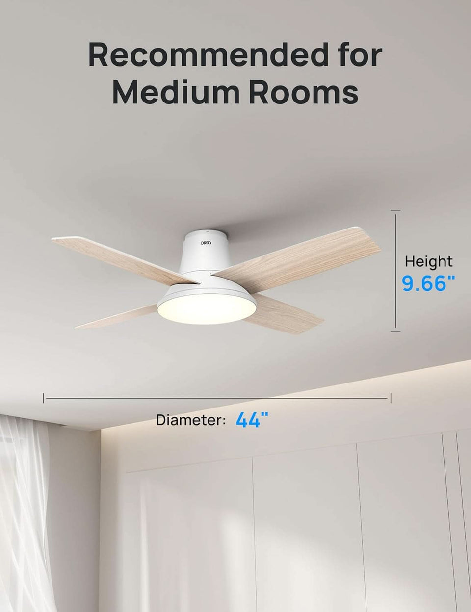 44 Inch White Smart Ceiling Fan With Dimmable LED Light And Remote