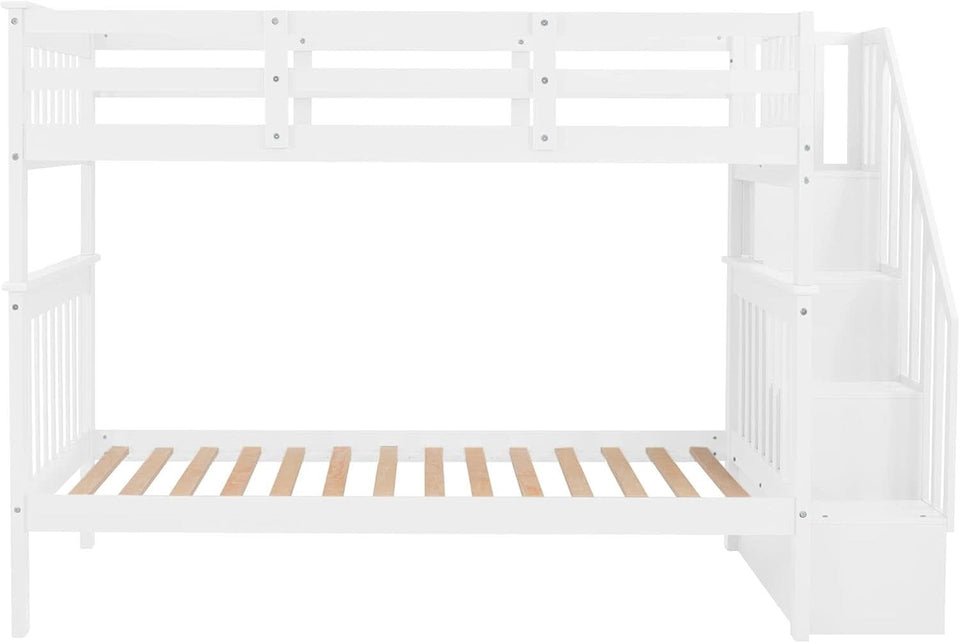 Twin Over Twin Bunk Bed With Stairs Solid Wood White