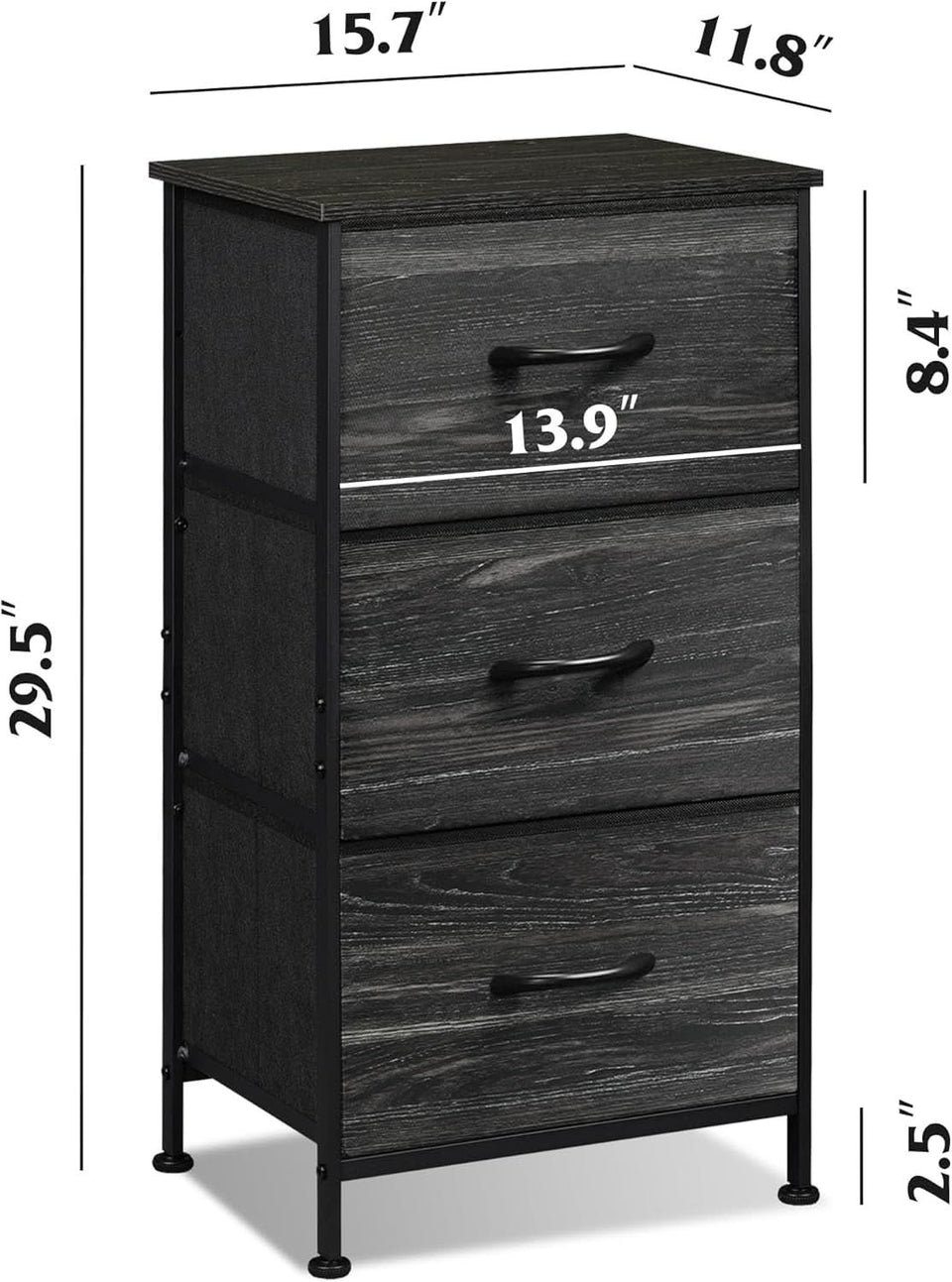 Bedroom Nightstand With Three Drawers Charcoal Black