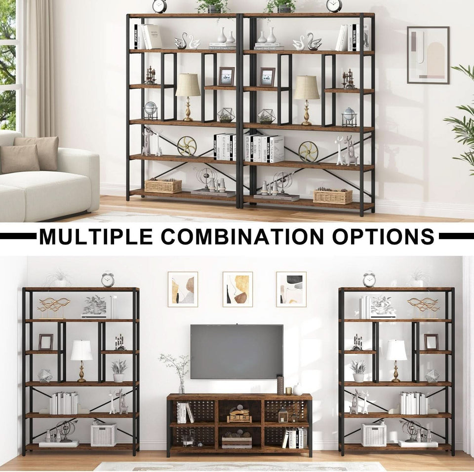 Rustic Industrial 6 Tier Bookcase Brown Wood Black Metal