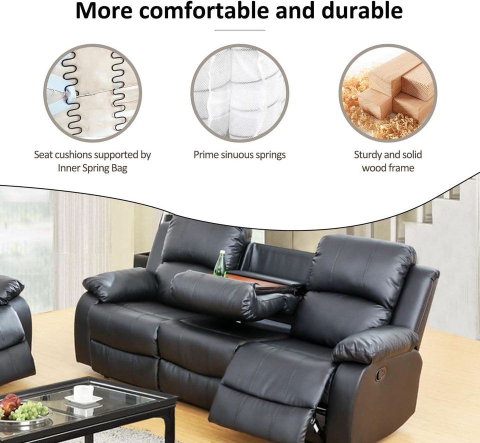 Leather Recliner Sofa Set Black For Living Room And Small Spaces