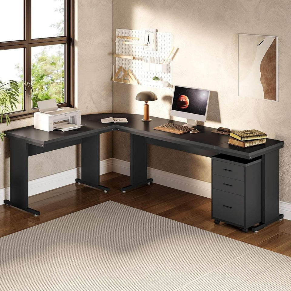 83 Inch L Shaped Desk With 3 Drawer File Cabinet Office