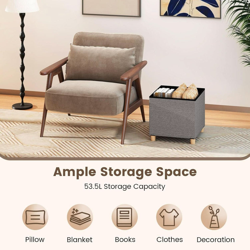 Linen Fabric Storage Ottoman Cube With Tray Lid Elevated Legs 18 Inch