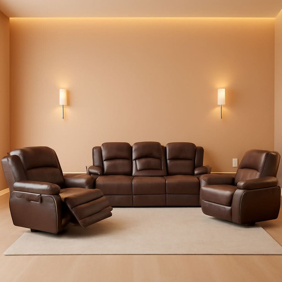 Manual Recliner Sofa Set Bonded Leather With Storage Console Brown 3 Piece
