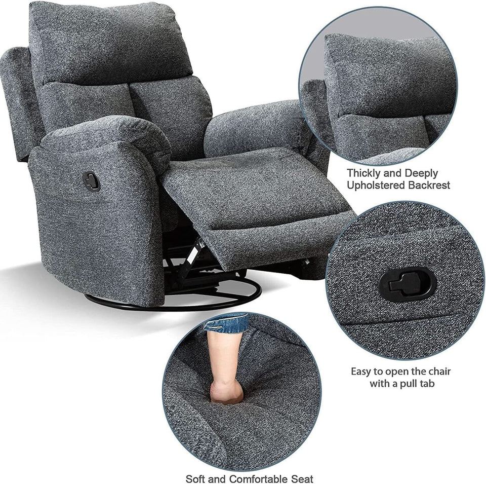 Swivel Rocker Recliner Chair Gray Fabric For Small Spaces