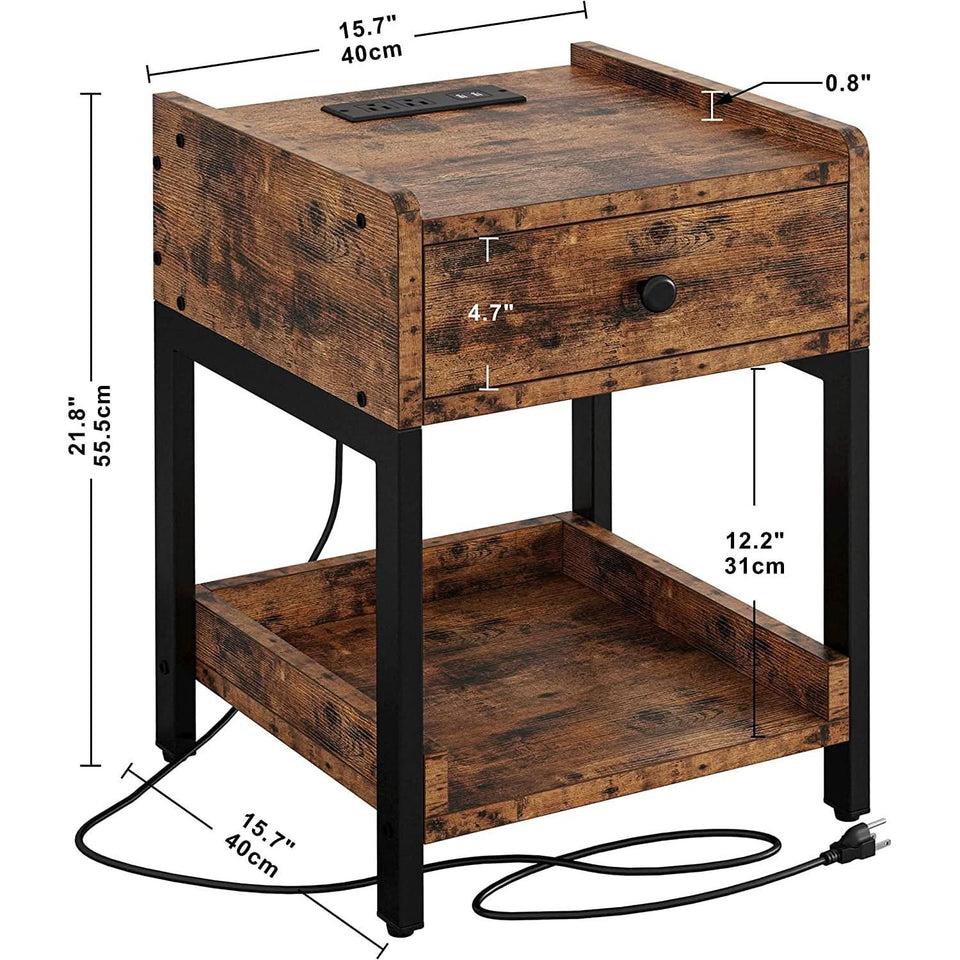Bedside Table With Charging Station In Vintage Brown