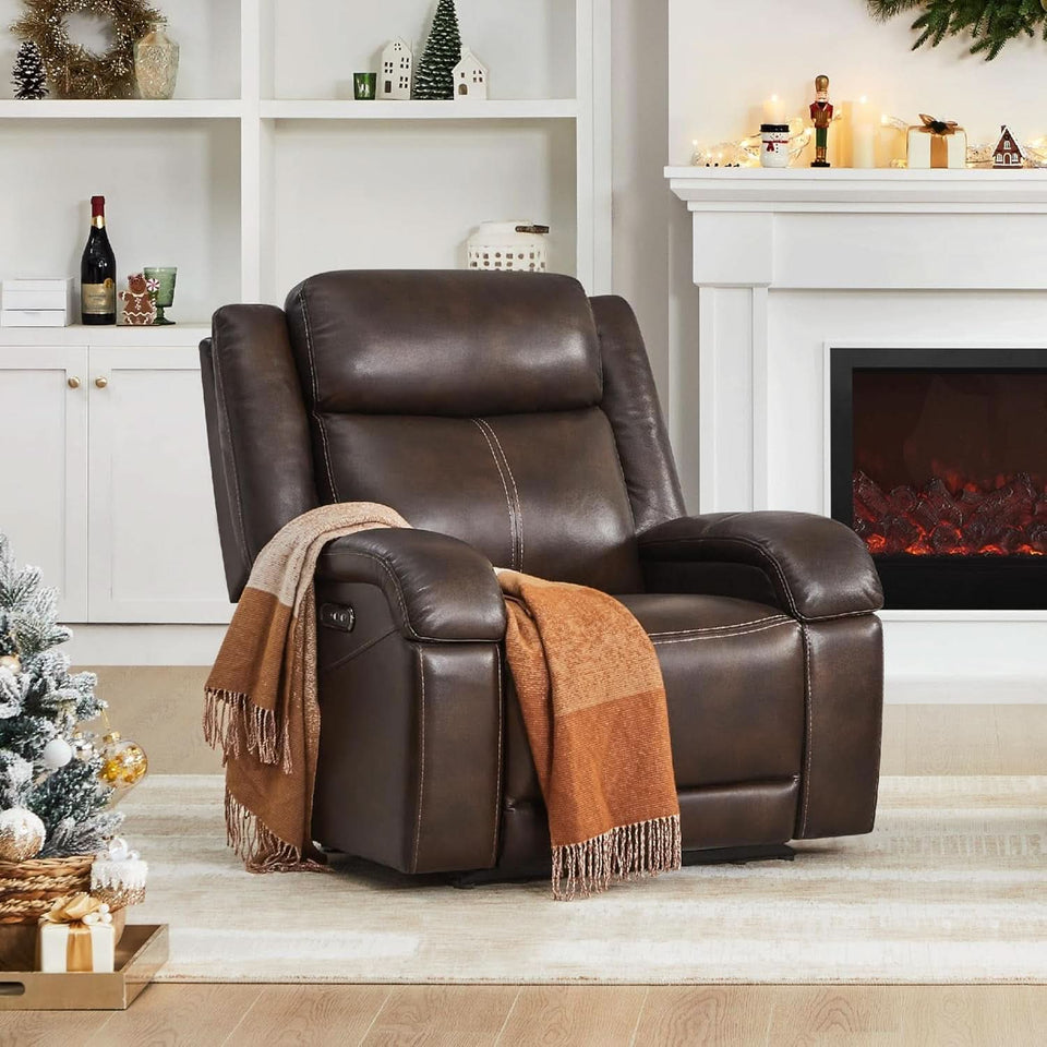 Dark Brown Leather Power Recliner Chair With Power Headrest