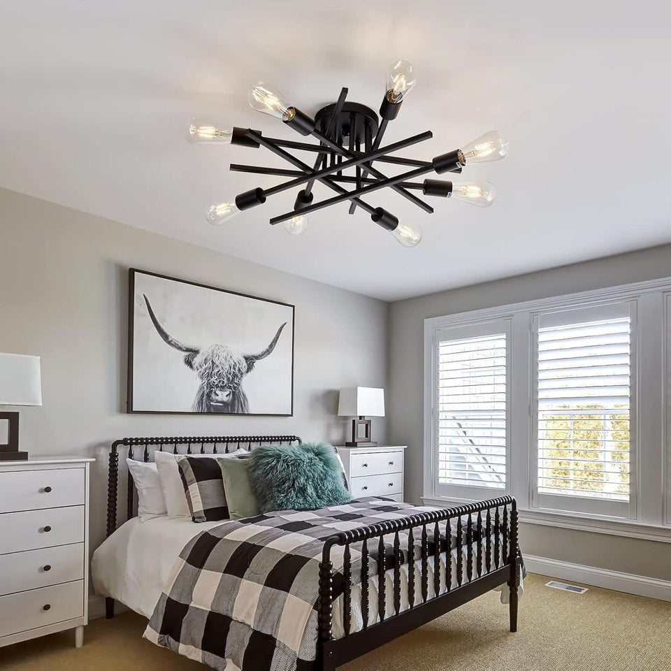 8 Light Matte Black Sputnik Chandelier Semi Flush Mount