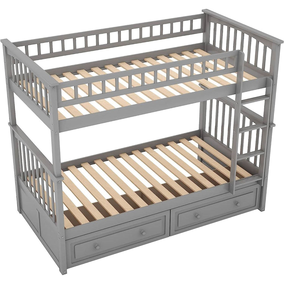 Grey Twin Bunk Bed With Storage Drawers Safety Rail