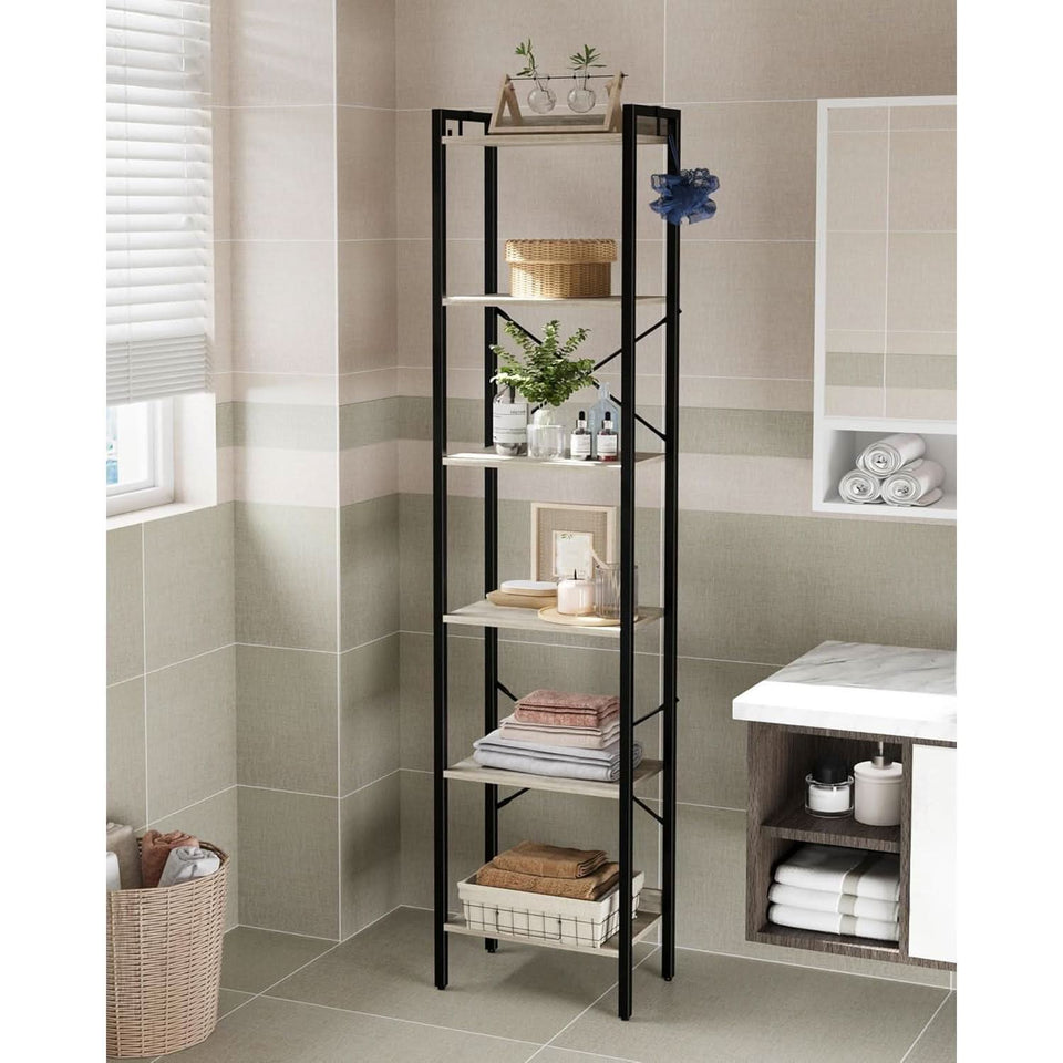 Greige Six Tier Narrow Bookshelf With Two Hooks Industrial