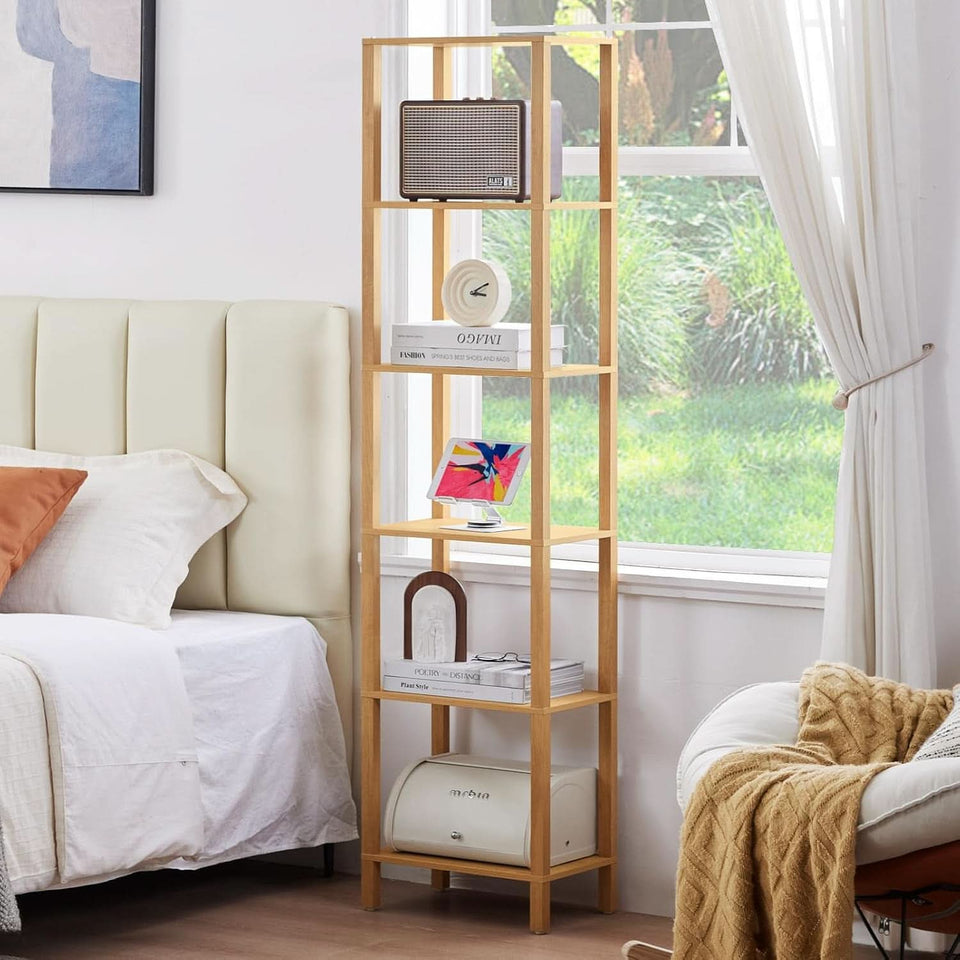 66In Tall 6 Tier Narrow Wood Bookcase Slim Shelf Living Room