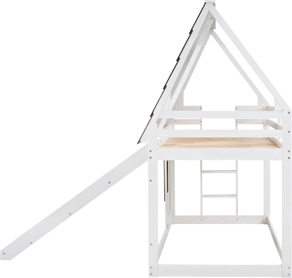 Twin Over Twin House Bunk Bed Frame White Brown With Roof
