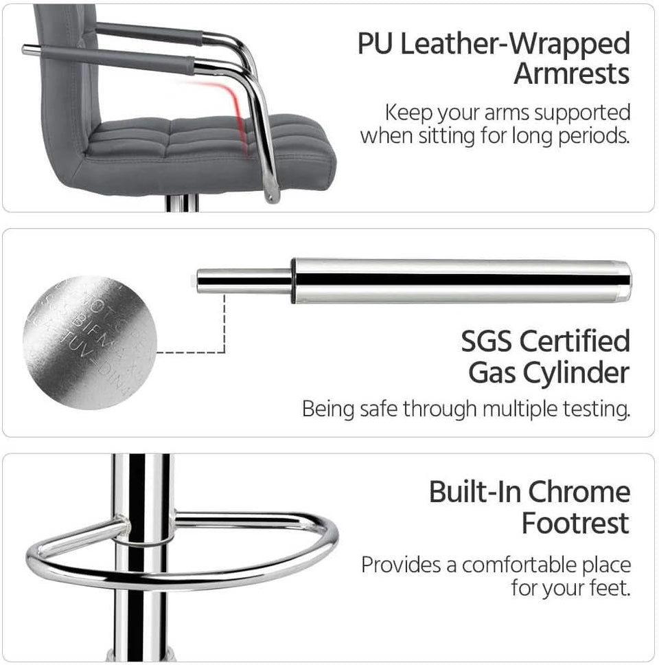 Grey Adjustable PU Leather Swivel Bar Stools Set Of 2