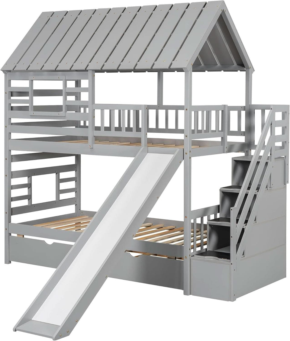 Twin Over Twin Bunk Bed With Slide For Kids Room Decor