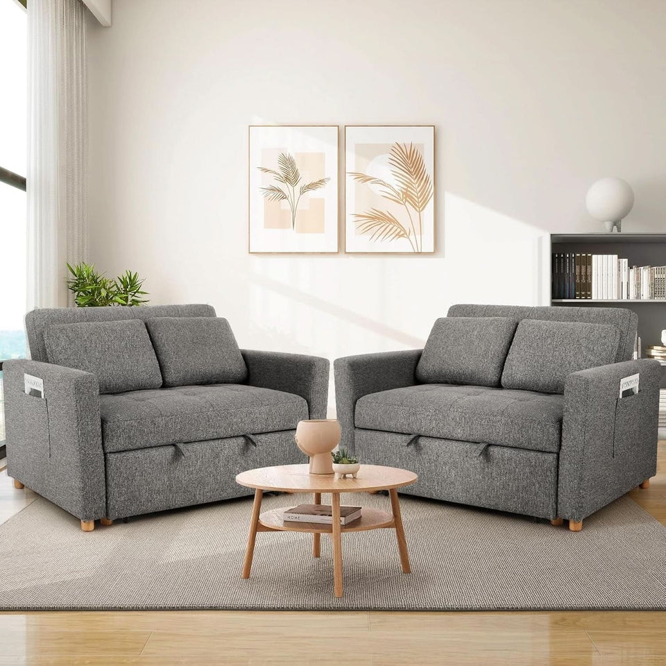 Sleeper Sofa Bed, 3-In-1 Convertible Sofa Chair, Linen Fabric Pull Out Couch Bed, Loveseat Sleeper with Spring Support, Adjustable Backrest, 2 Seater Recliner Chair for Small Space, Dark Grey