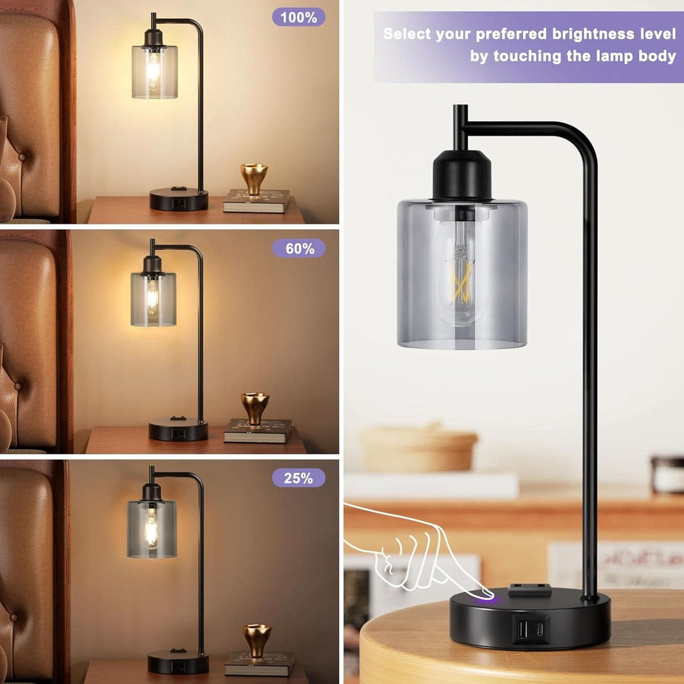 3-Way Dimmable USB Table Lamps With Gray Glass Shade Pair