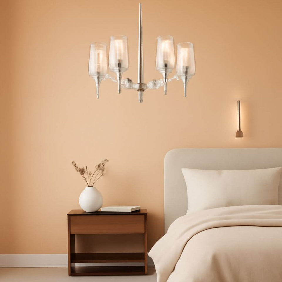Brushed Nickel Six Light Chandelier With Clear Glass Shades