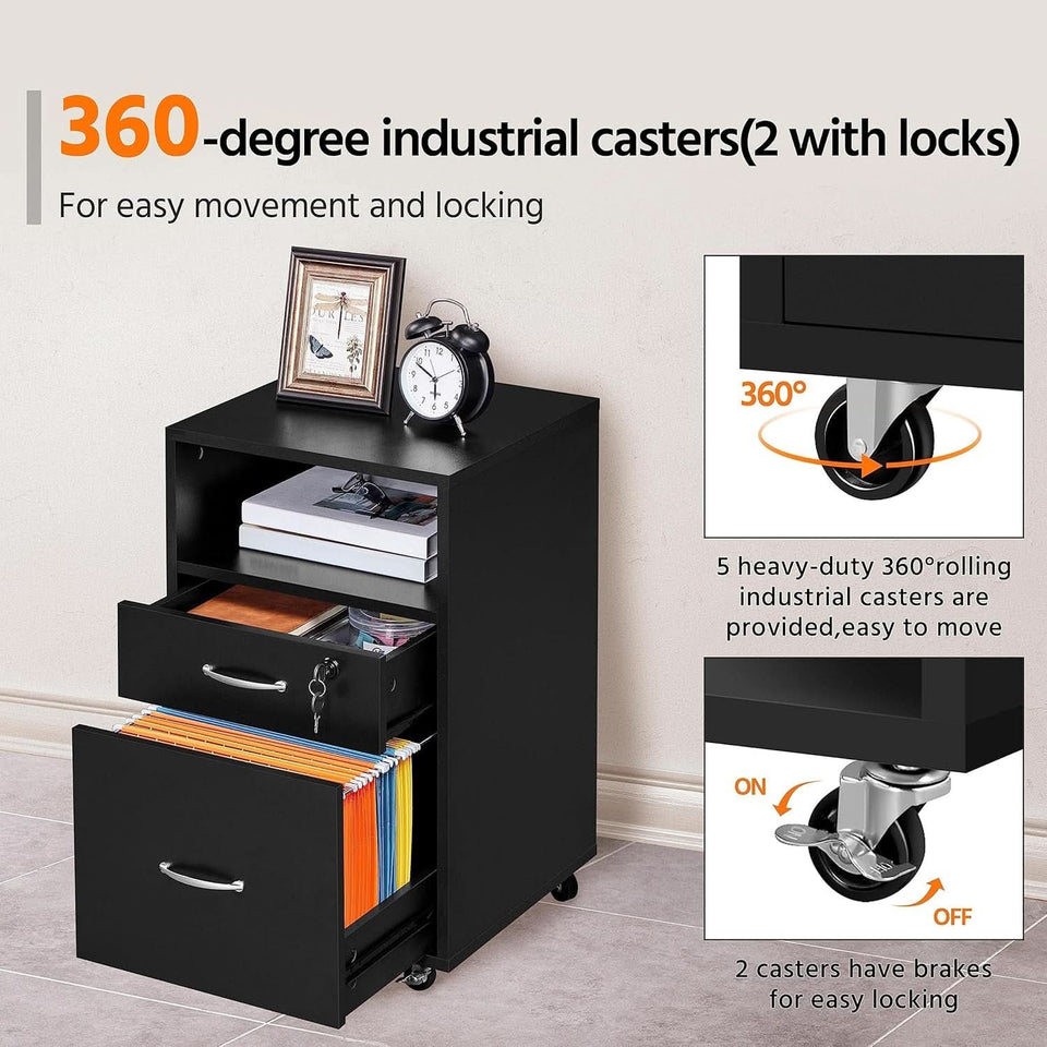 Black Under Desk File Cabinet 2 Drawers Lockable Wheels