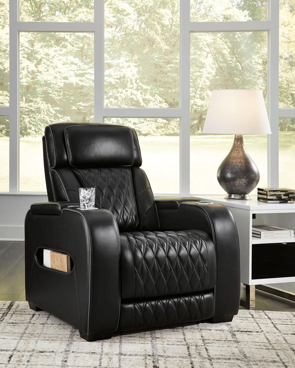 Black Leather Power Recliner With Adjustable Headrest