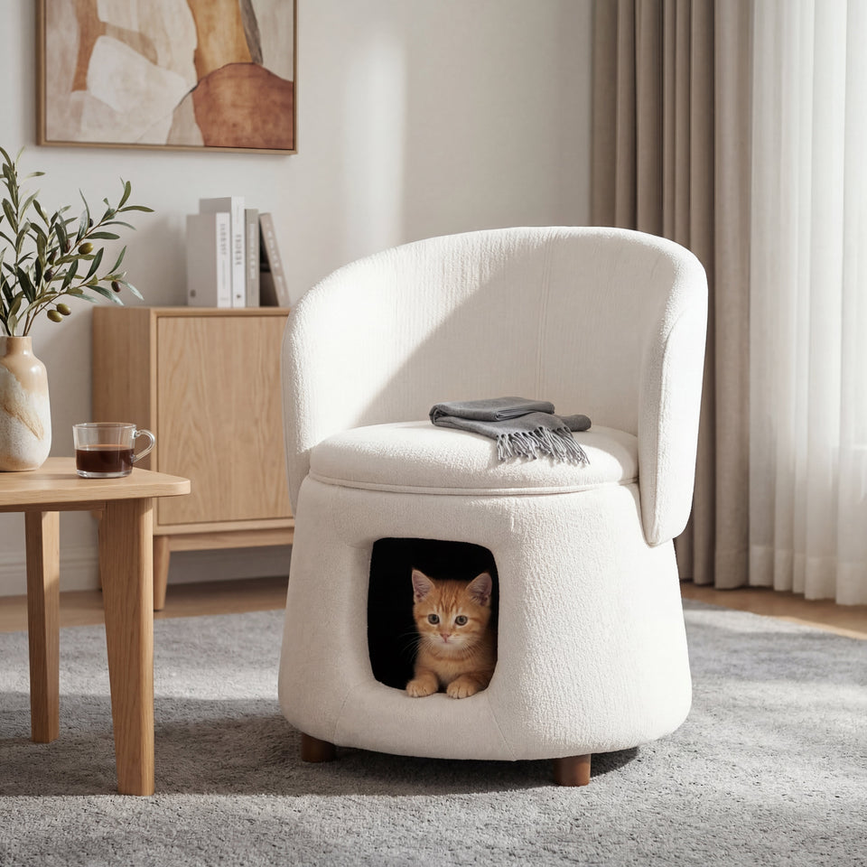 Beige Pet Friendly Chair with Hidden Pet Nook and Storage Seat - Beige