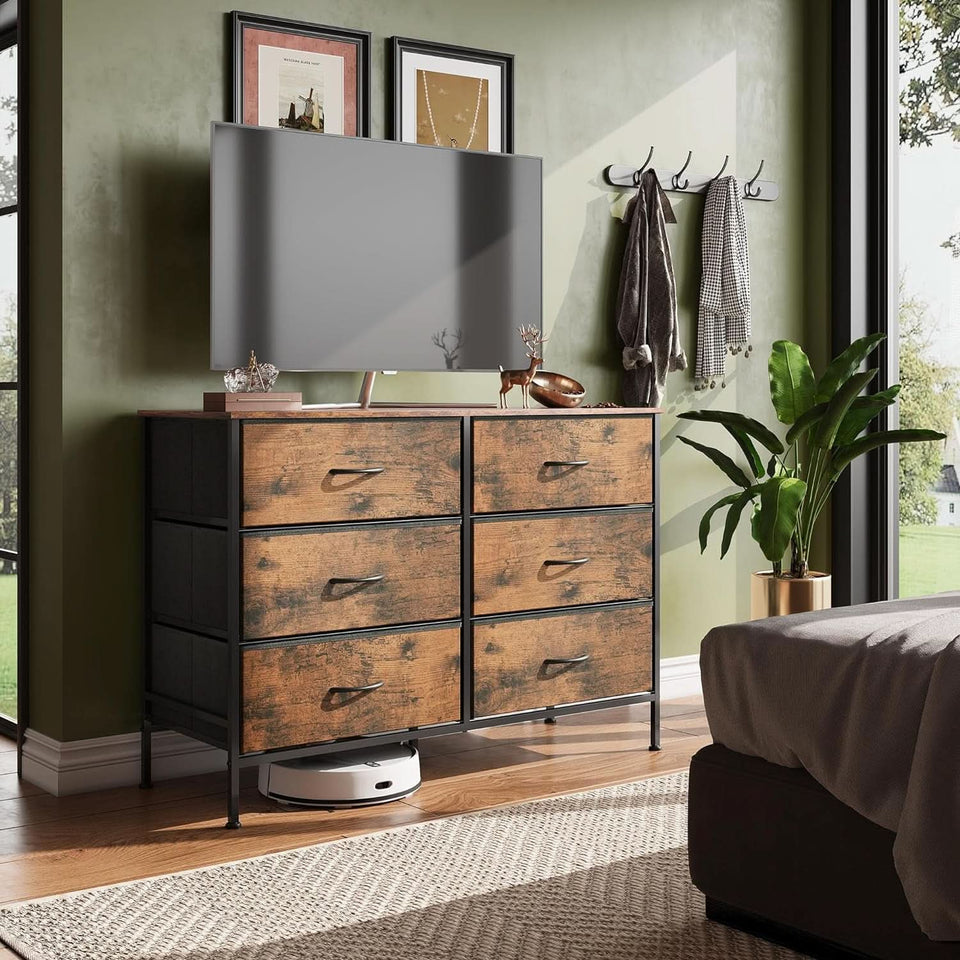 Rustic Brown 6 Drawer Dresser TV Stand For Bedroom