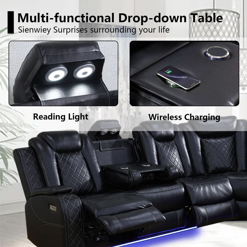 Black Leather Power Reclining Sectional Sofa Living Room
