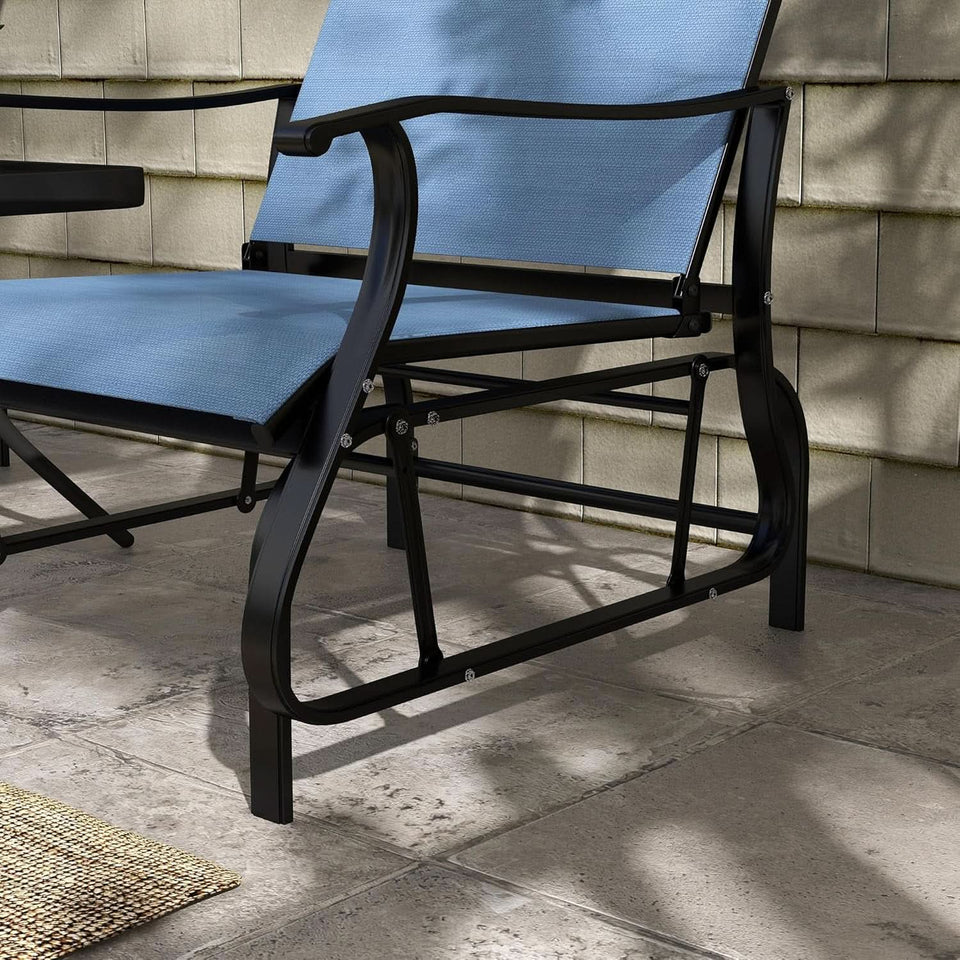 Light Blue Outdoor Glider Set With Steel Frame Glass Table