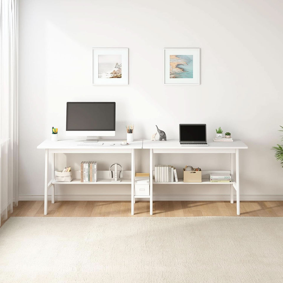 Two Person Desk With BuiltIn Bookshelf 79Inch White