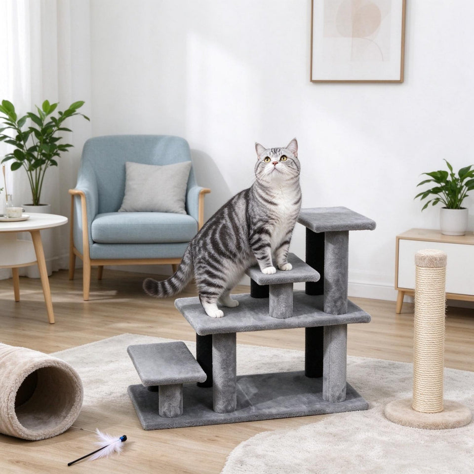 Modular Pet Cat Stairs with Flexible Setup - Particleboard & Plush, Gray/Black
