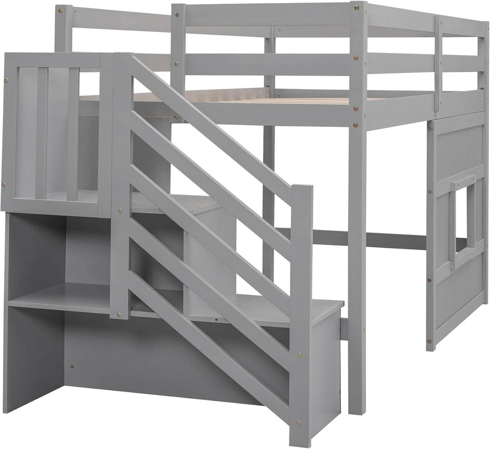 Twin Size Low Loft Bed In Gray With Stairs Storage