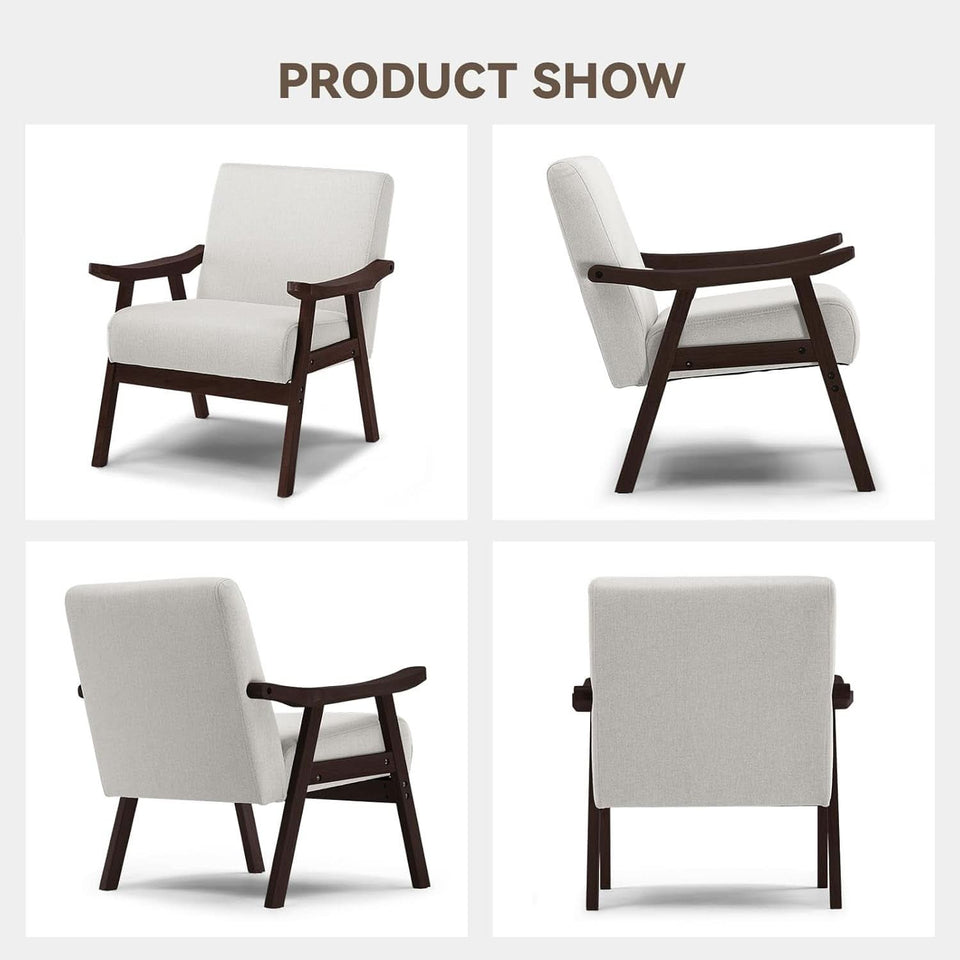 Beige Upholstered Modern Midcentury Solid Wood Armchair With Cushions