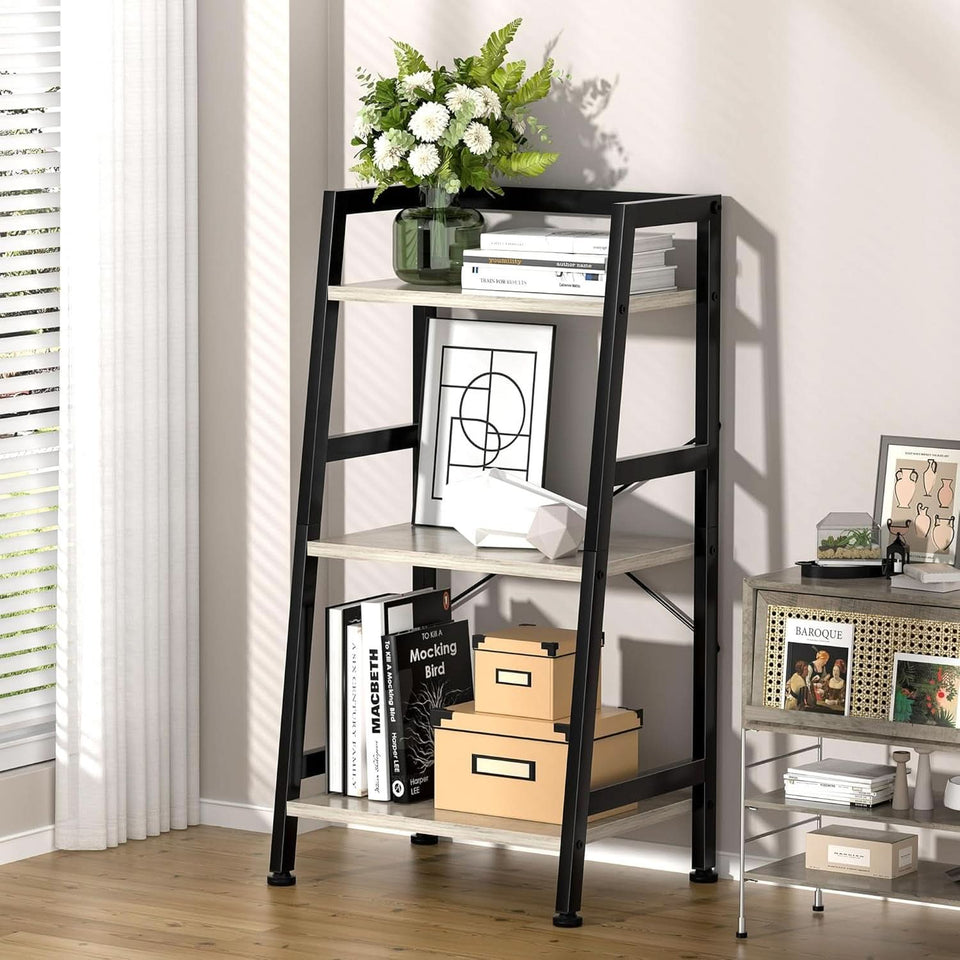 3-Tier Ladder Bookshelf With Steel Frame Greige Black