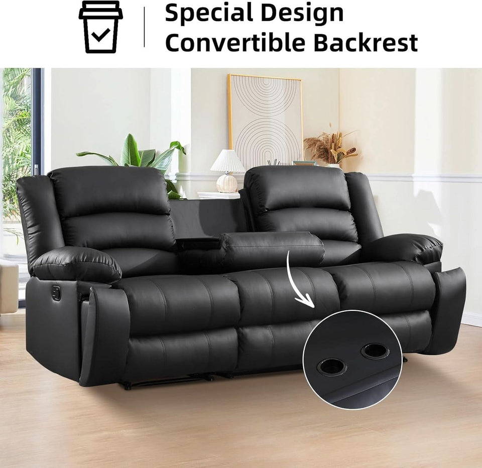 Black Faux Leather Manual Recliner Sofa Set With Loveseat