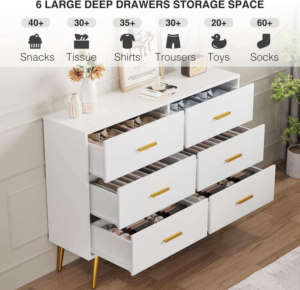 White Six Drawer Dresser Featuring Goldtone Handles