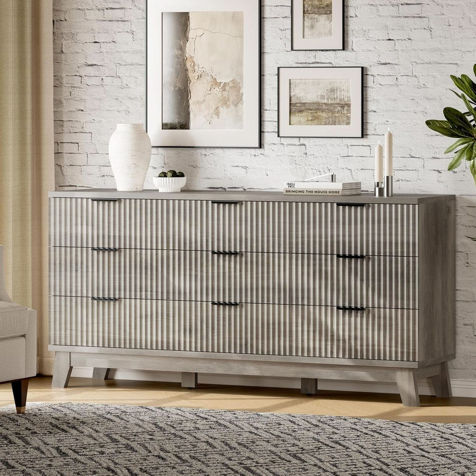 63 Inch Dresser Charcoal Grey Finish With Wave Fluted Panel And 9 Drawers