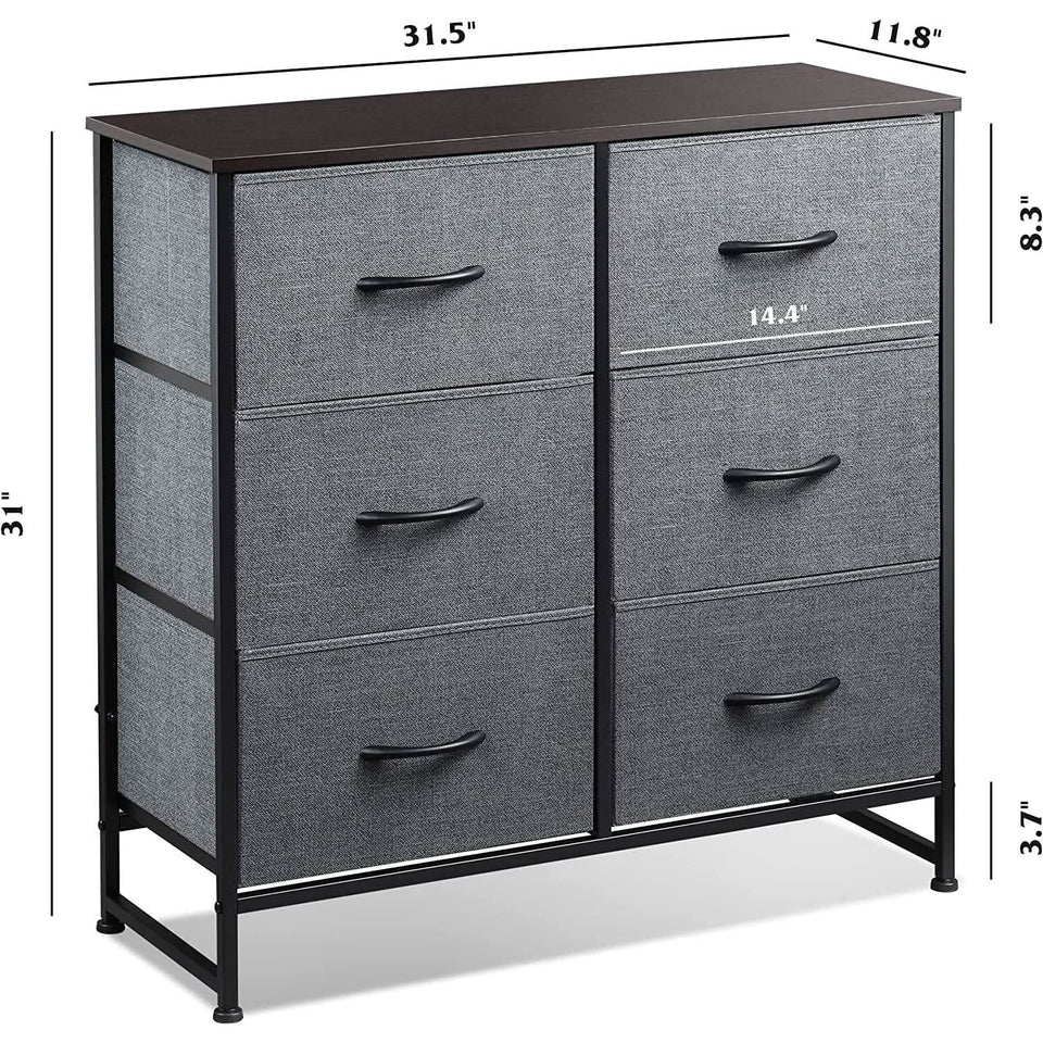 Six Drawer Dark Grey Fabric Dresser For Bedroom Storage