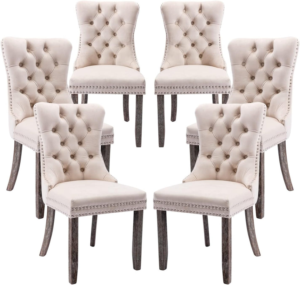 Velvet Dining Chairs Set of 6, Tufted Dining Room Chairs with Button Back, Nailhead Trim, Upholstered Dining Chairs for Kitchen, Bedroom, Restaurant (Beige)