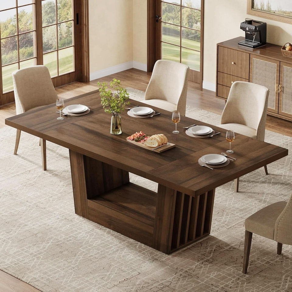 63 Inch Brown Farmhouse Wood Dining Table Heavy Duty Base