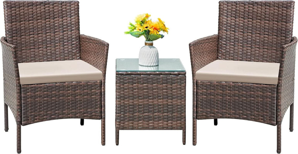 Patio Set 3 Piece All Weather Rattan Glass Table Brown