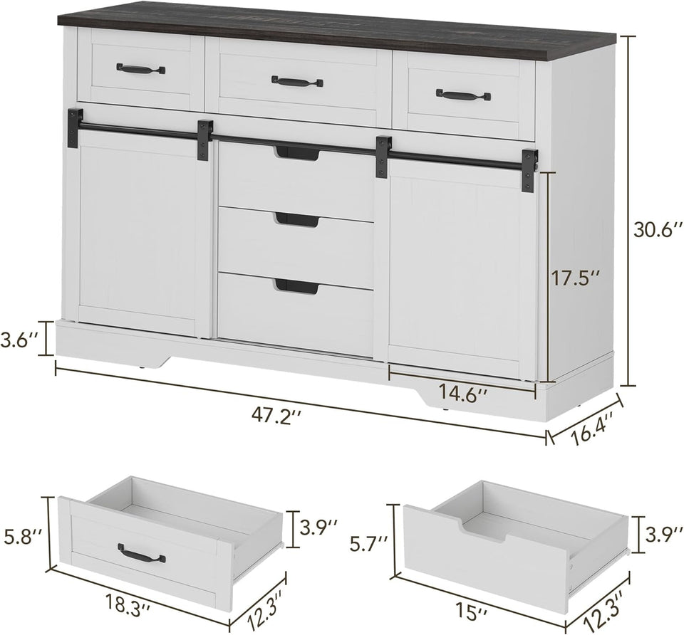GAOMON Farmhouse 6 Drawers Dresser for Bedroom with Sliding Barn Doors, Wood Dressers & Chest of Drawers, Rustic Dressers TV Stand, Dresser Organizer for Bedroom, Living Room, White