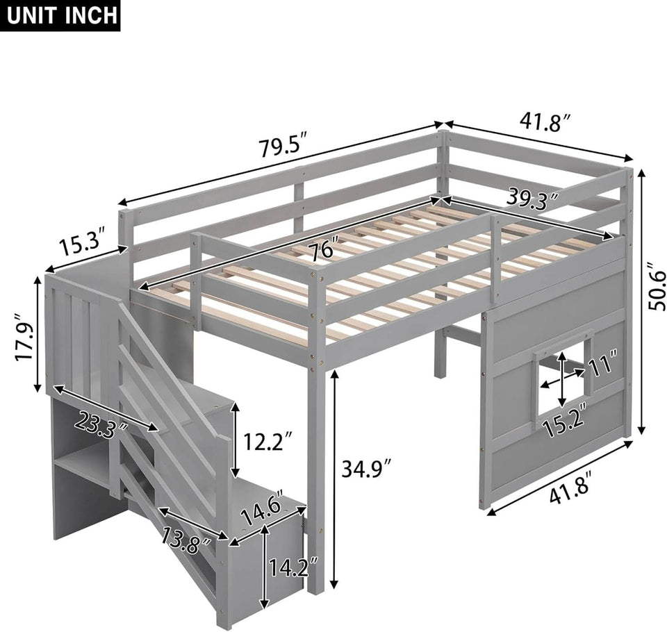 Twin Size Low Loft Bed In Gray With Stairs Storage