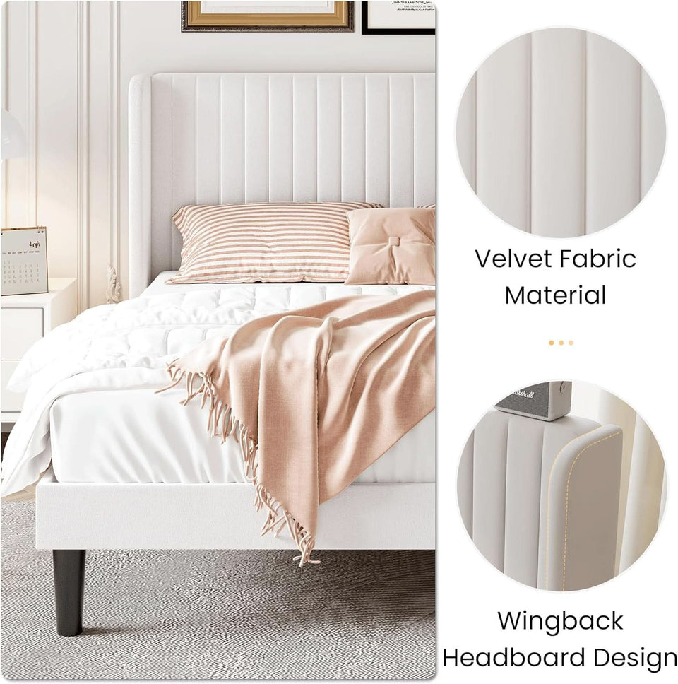 Velvet Upholstered Full Bed Frame With Wingback Headboard
