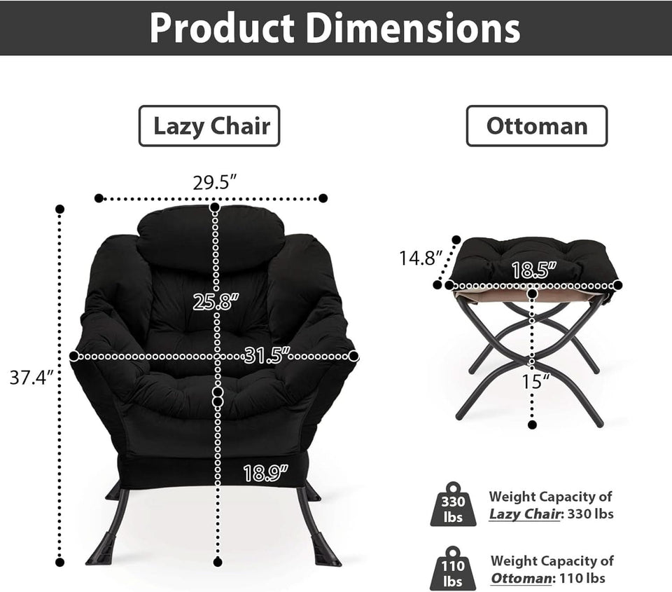 Black Velvet Folding Ottoman Lounge Chair With Footrest