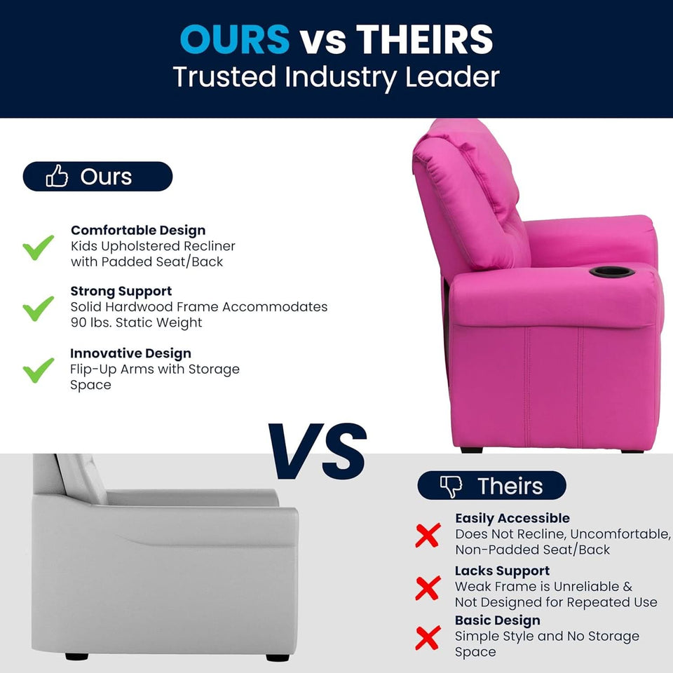 Hot Pink Kids Recliner With Cup Holder Compact Design