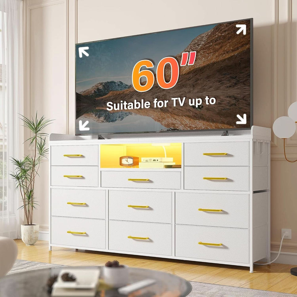 White Dresser TV Stand 60 Inch With LED And 11 Drawers