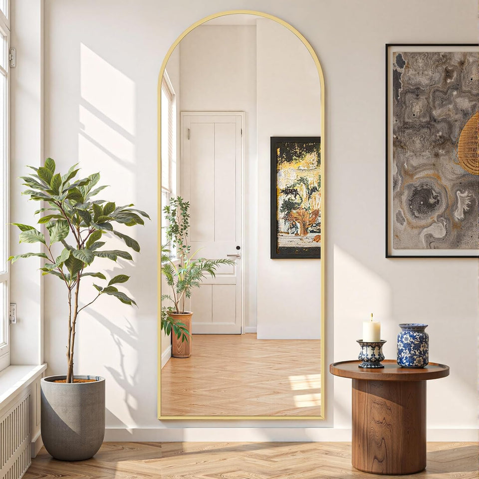 Mirror Full Length 64"X21" Full Body Floor Mirror with Stand, Shatterproof Glass, Aluminum Alloy Frame, Free Standing Wall Mounted or Leaning Arched Mirrors for Bedroom Living Room Entryway