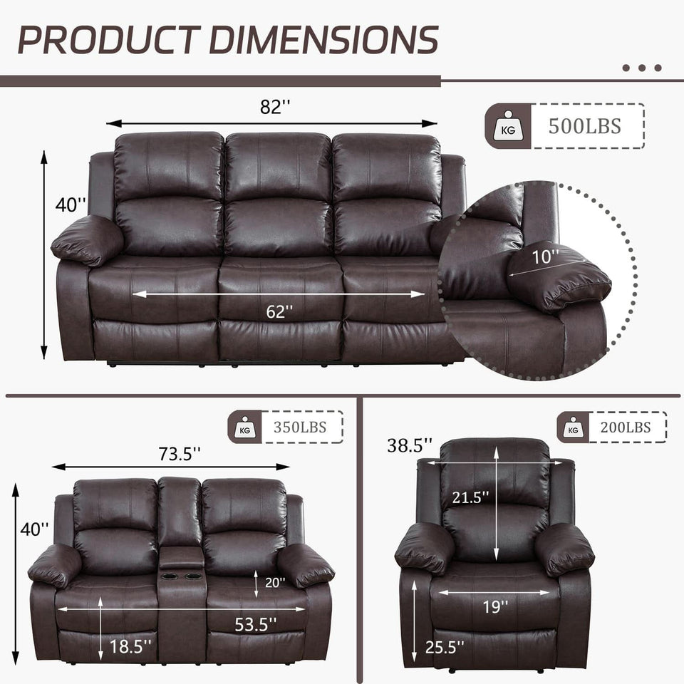 Manual Recliner Sofa Set Brown Three Piece Living Room Furniture